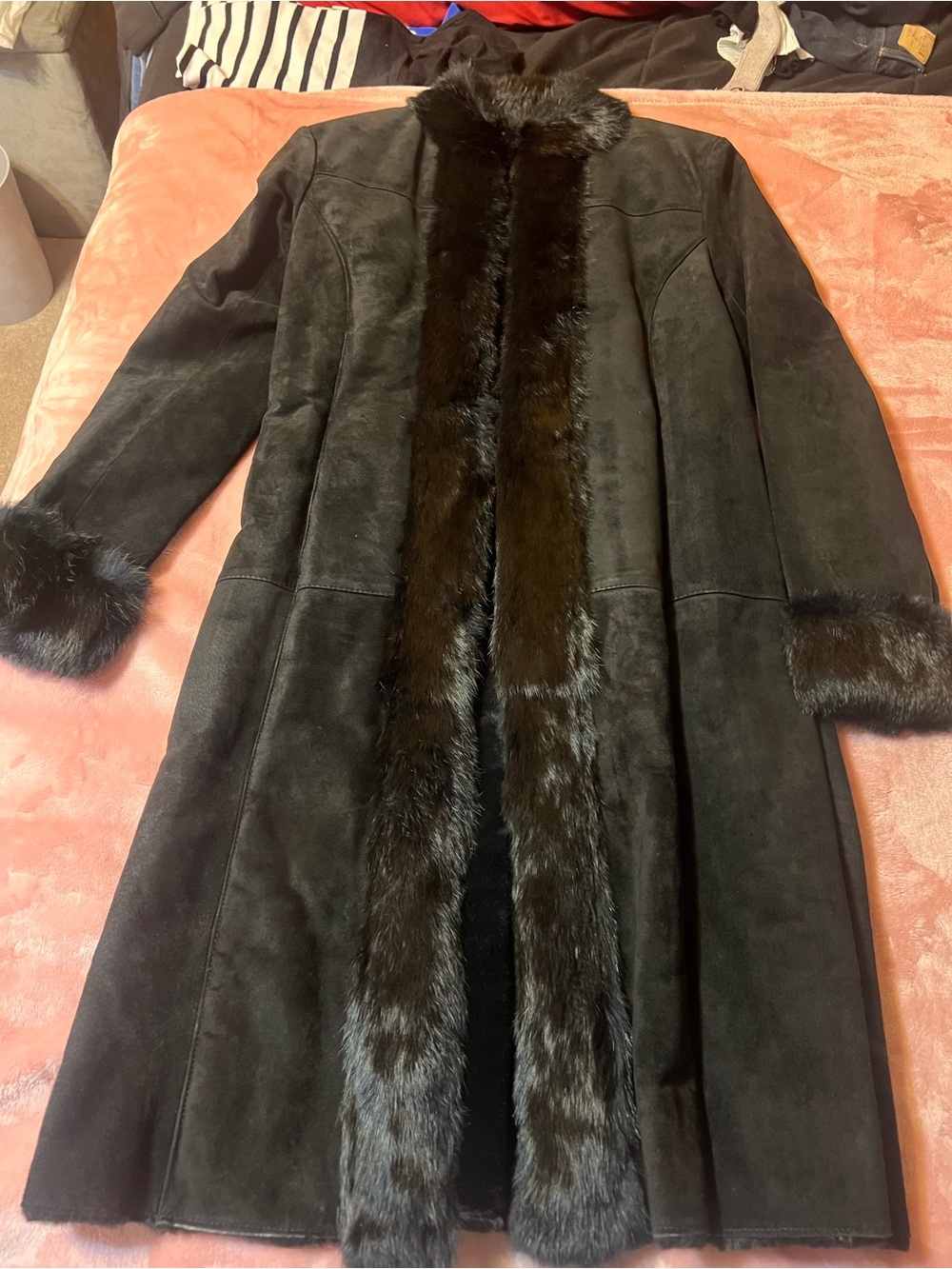 Wilsons Leather Black Faux Suede Long Coat with Fur Trim